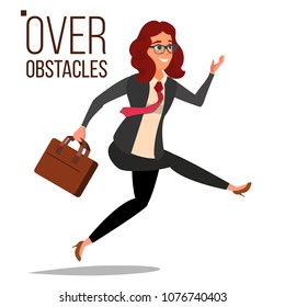 Business Woman Jumping Over Obstacles Vector. Leader. Competing Race. Overcoming Obstacles, Achieving Goal. Isolated Flat Cartoon Character Illustration 
