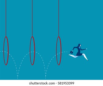 Business woman jumping through hoops. Concept business illustration. Vector flat
