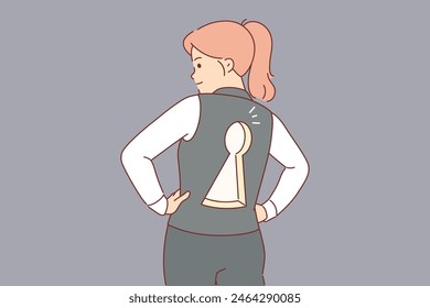 Business woman with keyhole on back reports readiness to solve tasks of employer or company partner. Self-confident girl office manager from corporation, ready to solve complex tasks.