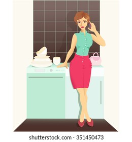 Business woman is in the kitchen. Vector illustration.