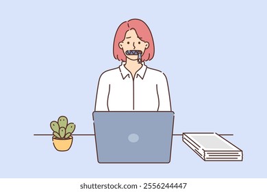 Business woman knows how to keep secrets and sits at desk with laptop and closed zipper instead of mouth. Girl manager who signed NDA contract refuses to divulge sensitive information and secrets