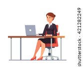 Business woman lady entrepreneur in a suit working on a laptop computer at her clean and sleek office desk. Flat style color modern vector illustration.