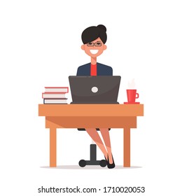 Business woman lady entrepreneur in a suit working on a laptop. Vector illustration in flat style.