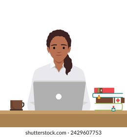 Business woman lady entrepreneur in a suit working on a laptop computer at her clean and sleek office desk. Flat vector illustration isolated on white background