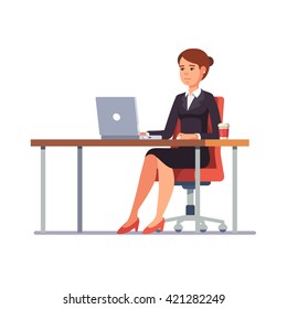 Business Woman Lady Entrepreneur In A Suit Working On A Laptop Computer At Her Clean And Sleek Office Desk. Flat Style Color Modern Vector Illustration.