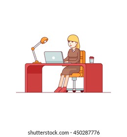 Business woman lady entrepreneur in a suit working on a laptop computer at her clean and sleek office desk. Modern flat style thin line vector illustration. Concept isolated on white background.