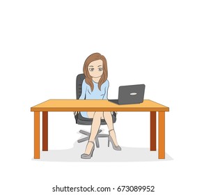 Business woman lady entrepreneur in a suit working on a laptop computer at her clean and sleek office desk. Flat style color modern vector illustration.