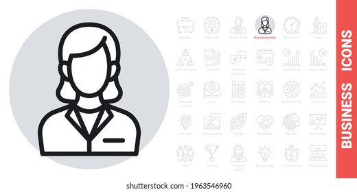 Business Woman Or Business Lady Icon. Woman In A Strict Business Suit. Simple Black And White Version From A Series Of Business Icons