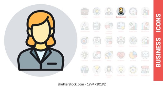 Business woman or business lady icon. Woman in a strict business suit. Simple color version from a series of business icons