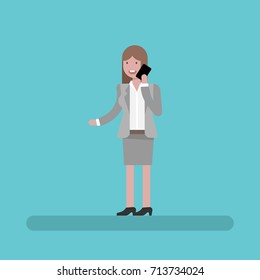 Business woman, lady in suit talking cellphone flat vector illustration.