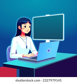 Business woman lady working on a laptop computer at her clean and sleek office desk. Flat style color modern vector illustration.