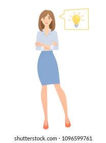 Business woman with lamp. Energy and idea symbol vector illustration