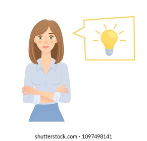 Business woman with lamp. Energy and idea symbol vector illustration