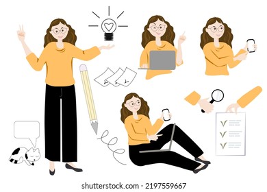 Business woman with laptop. Digital marketing icons set.