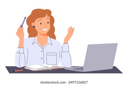 Business woman at laptop. Female employee taking notes with pencil, writing on paper. Entrepreneur working, studying at notebook computer. Flat vector illustration isolated on white background