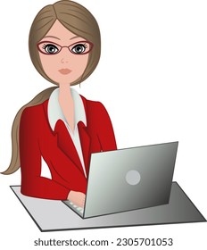 Business Woman with Laptop. Office Worker in Suit and Glasses. Flat vector illustration