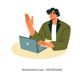 Mujer de negocios en la computadora portátil, comunicación de trabajo en línea. Empleada, oficinista hablando, charlando, discutiendo, sentada en una computadora portátil. Ilustración vectorial plana aislada sobre fondo blanco