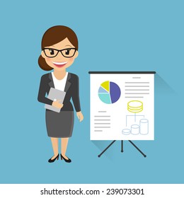 Business woman with laptop and presentation board