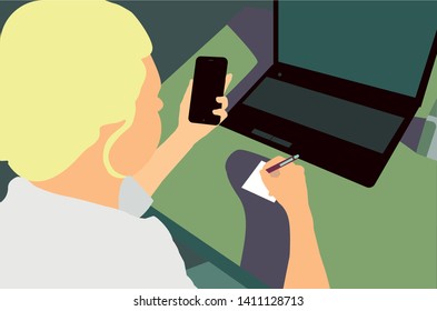 business woman with a laptop and a smartphone in her hands at her desk. color vector illustration