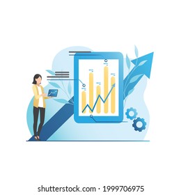 Business woman in laptop, tablet, smartphone shows graph, diagram, analyzes data, information, looks, presentation, report. Up arrow. Girl plans successful work, strategy. Office worker career.