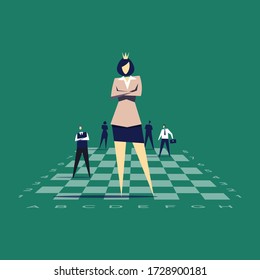 Business woman leader with crown on her head standing on chess board with staff. Concept of the leadership and career promotion. Vector illustration.