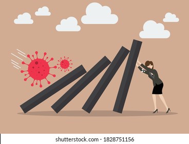 Business woman leader help pushing domino tiles falling in economic collapse from COVID-19 virus. Business Concept Vector illustration