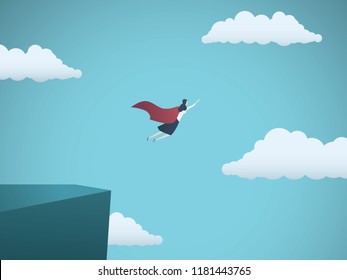 Business woman leader superhero vector concept. Businesswoman flying off a cliff as a hero with cape. Symbol of feminism, female power, emancipation, strength, power, empowerment. Eps10 vector