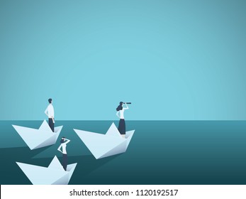 Business woman leader vector concept with businesswoman in paper boat leading team. Symbol of equality, woman power, leadership, vision. Eps10 vector illustration.