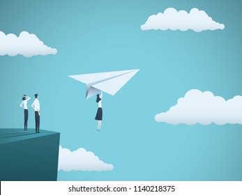 Business woman leader vector concept. Businesswoman flying with paper plane off a cliff. Symbol of strength, creativity, courage, leadership. Eps10 vector illustration.