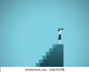 Business woman leader vector concept. Businesswoman standing on top of stairs with telescope. Symbol of business vision, leadership, success. Eps10 vector illustration.
