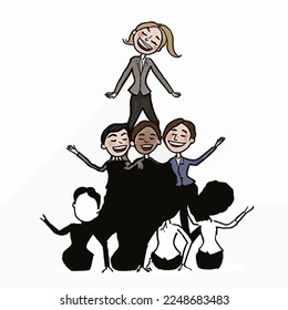 A business woman leads a pyramid of female colleagues. A relevant illustration of female leadership and team effectiveness in business.