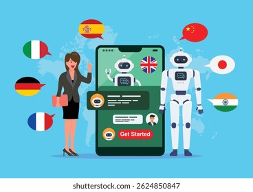 Business woman is learning different foreign languages with chat bot. Chat GPT. Artificial Intelligence. Vector illustration