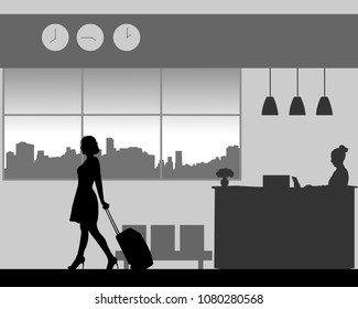 A business woman leaves the hotel with luggage, one in the series of similar images silhouette