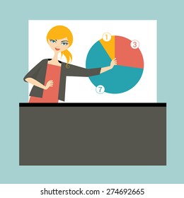 Business woman lector teaching and training people. Flat vector illustration. 