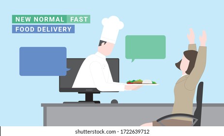 Business woman lifestyle after pandemic covid-19 corona virus. New normal is food delivery with fastest speed by online ordering. Flat design style vector concept