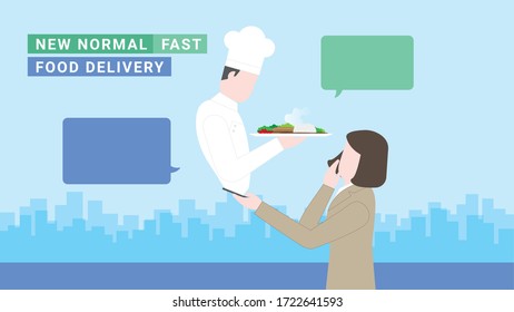 Business woman lifestyle after pandemic covid-19 corona virus. New normal is food delivery with fastest speed by online ordering. Flat design style vector concept