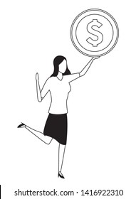 business woman lifting a big coin avatar cartoon character in black and white vector illustration graphic design