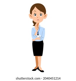 A business woman in a light blue shirt and an employee ID card who thinks