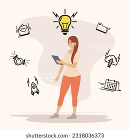 Business woman with Light bulb and business icons around. Vector Illustration.