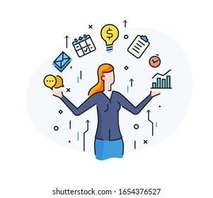 business woman with a light bulb offers new ideas. Vector illustration Eps10 file. Success, growth rates