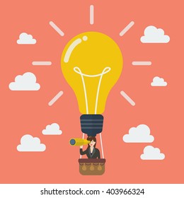 Business woman in lightbulb balloon search to success. Business idea concept