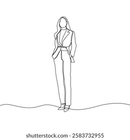 Business woman line art illustration. Continuous single line drawing of woman walking in blazer suit. Vector art illustration.