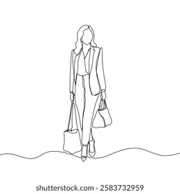 Business woman line art illustration. Continuous single line drawing of woman walking in blazer suit. Vector art illustration.