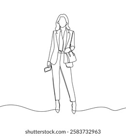 Business woman line art illustration. Continuous single line drawing of woman walking in blazer suit. Vector art illustration.