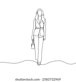 Business woman line art illustration. Continuous single line drawing of woman walking in blazer suit. Vector art illustration.