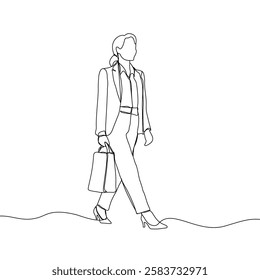 Business woman line art illustration. Continuous single line drawing of woman walking in blazer suit. Vector art illustration.