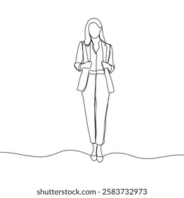 Business woman line art illustration. Continuous single line drawing of woman walking in blazer suit. Vector art illustration.