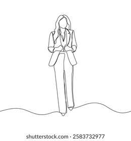 Business woman line art illustration. Continuous single line drawing of woman walking in blazer suit. Vector art illustration.