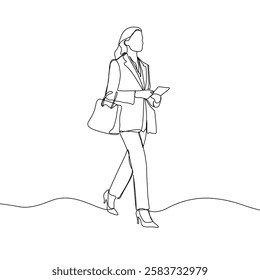 Business woman line art illustration. Continuous single line drawing of woman walking in blazer suit. Vector art illustration.