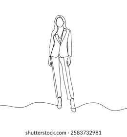 Business woman line art illustration. Continuous single line drawing of woman walking in blazer suit. Vector art illustration.